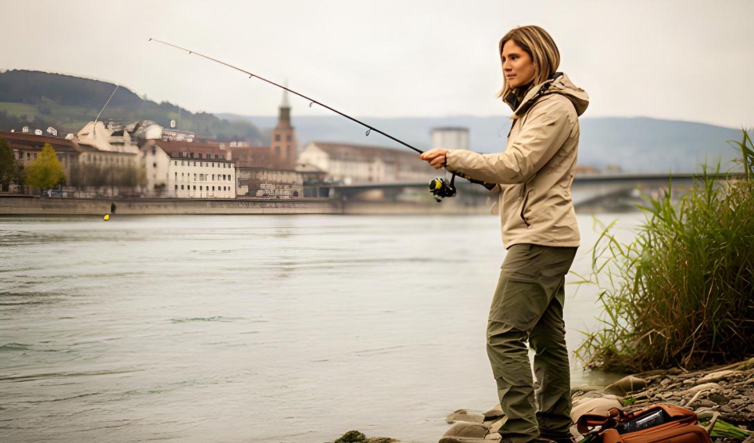 Anglerin mit Spinnrute am Rhein bei Basel, sorgfältig ausgewählte Angelausrüstung liegt am Ufer