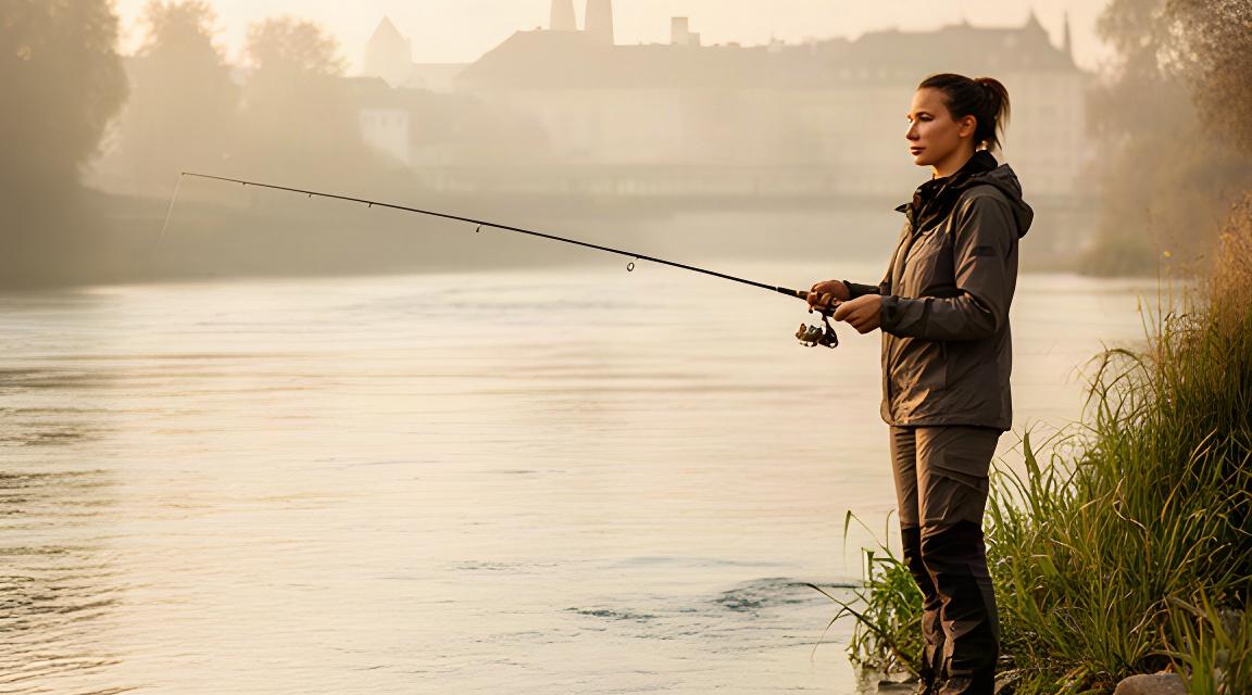 Anglerin mit Spinnrute am Rheinufer in Basel bei ruhigem Morgenlicht